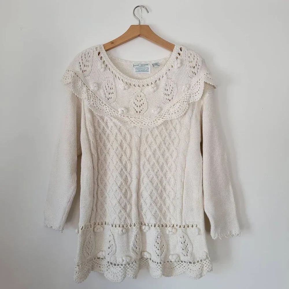 Shenanigans Vintage Ramie Cotton Sweater Dress Bobble Knit Cottagecore Cream L